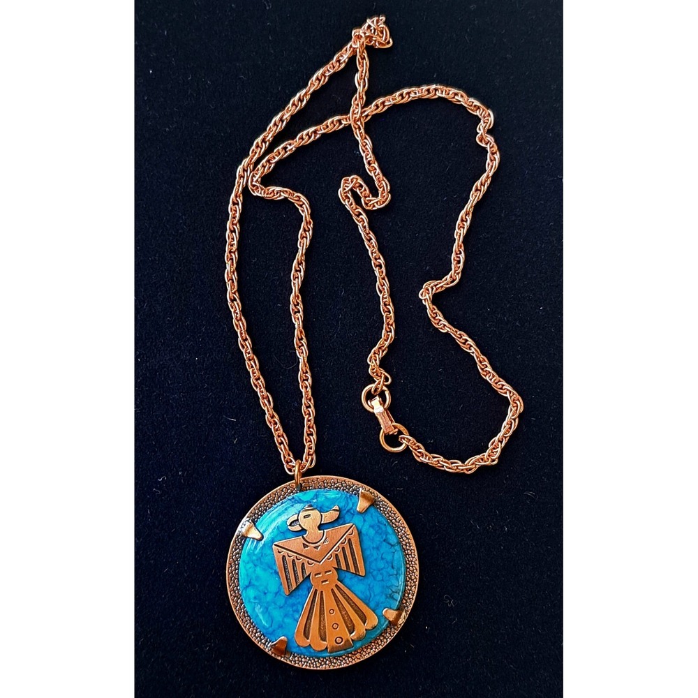 Copper By Bell Blue Marbled Glass Thunderbird Southwestern Pendant 28" Necklace - Picture 5 of 7